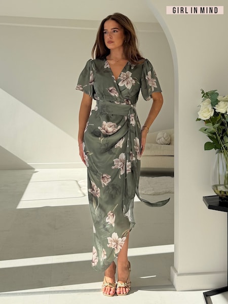 Green - Girl In Mind Drew Puff Sleeve Wrap Front Midi Dress