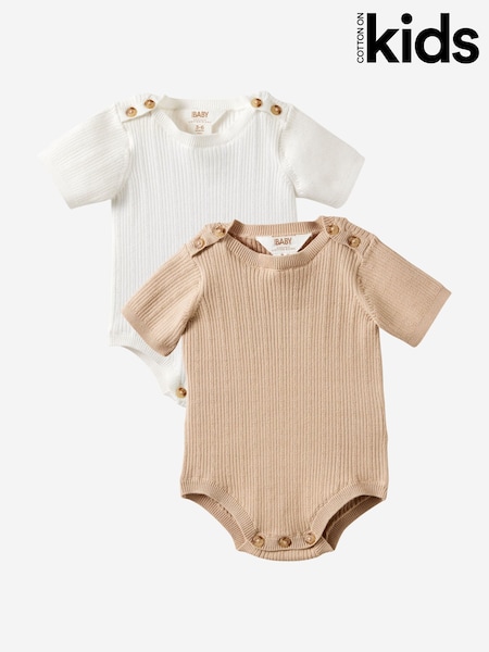 White - Cotton On Knit Pointelle Short Sleeve Bubbysuit 2 Pack