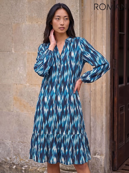 Bleu - Robe Roman Petites tailles Imprimé à ourlet étagé