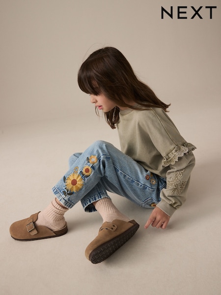 Denim Light Blue 100% Cotton Flower Embroidered Mom Jeans (3-16yrs) (E49514) | $30 - $37