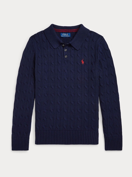 Polo Ralph Lauren Boys Navy Cable Knit 100% Cotton Polo Collar Jumper (E49572) | 480 LEI