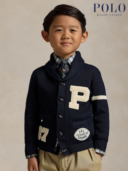 Polo Ralph Lauren Boys Navy 100% Cotton Letterman Cardigan (E49578) | € 179