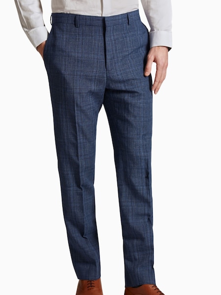 Ted Baker Tailoring Blue Octant Puppytooth Linen Blend Overcheck Regular Fit Trousers (E49624) | 585 LEI
