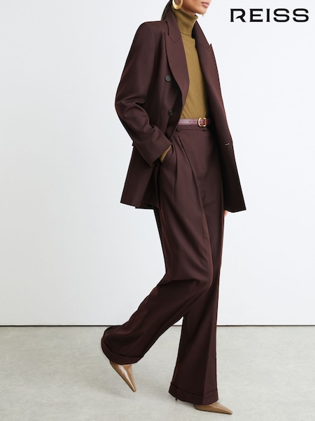 Dark Aubergine - Reiss Leisel Wool-blend Wide-leg Pleated Suit Trousers