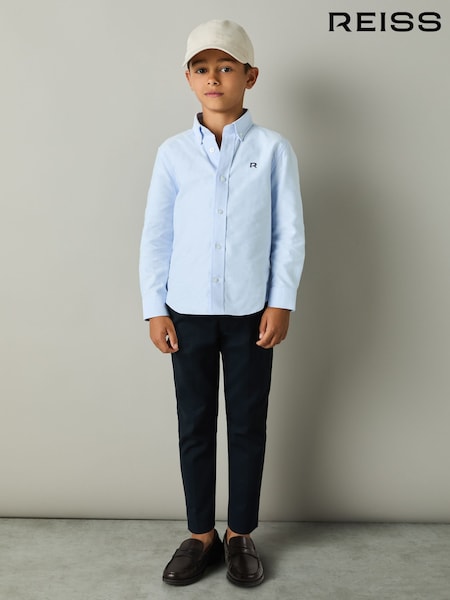 Reiss Soft Blue/Navy Benton 4-9 yrs 100% Cotton Oxford Embroidered Button Down Shirt (E50679) | €43