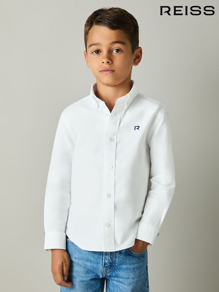 Reiss White/Navy Benton 3-9 yrs 100% Cotton Oxford Embroidered Button Down Shirt (E50680) | €49