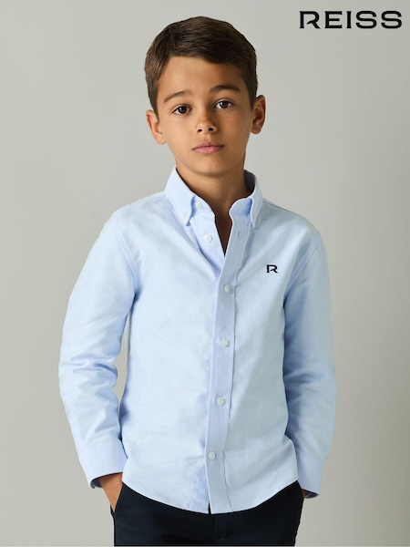 Reiss Soft Blue/Navy Benton 3-9 yrs 100% Cotton Oxford Embroidered Button Down Shirt (E50683) | €49