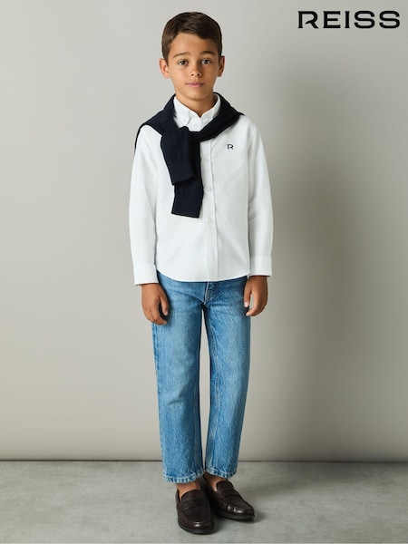 Белый/темно-синий - Reiss Benton 100% Cotton Oxford Embroidered Button Down Shirt (E50687) | €43