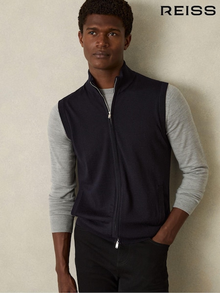 Reiss Navy Leeds Merino Wool Zip-Through Gilet (E50711) | €129