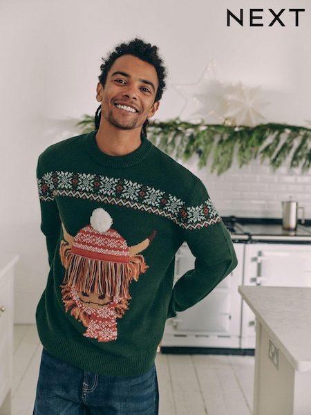 Dark Green Matching Family Mens Christmas Hamish The Highland Cow Jumper (E50726) | €21