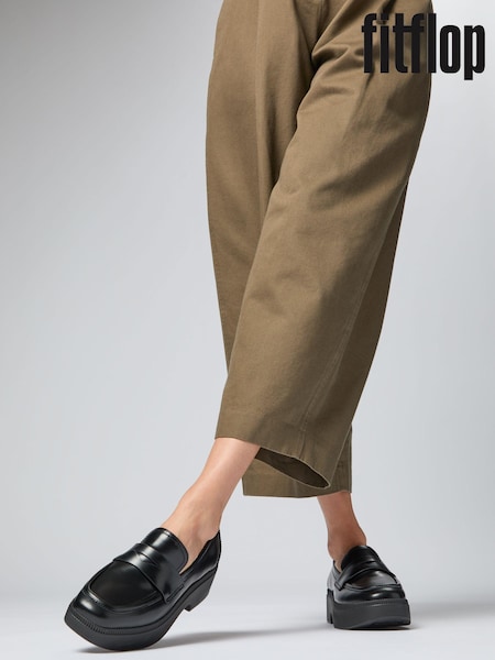 FitFlop F-Luma  Box Leather Demi Wedge Penny Black Loafers (E50768) | R$ 1,285
