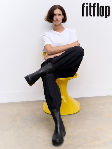FitFlop F-Luma Stretch Leather Demi Wedge Mid Calf Black Boots (E50772) | R$ 1,875