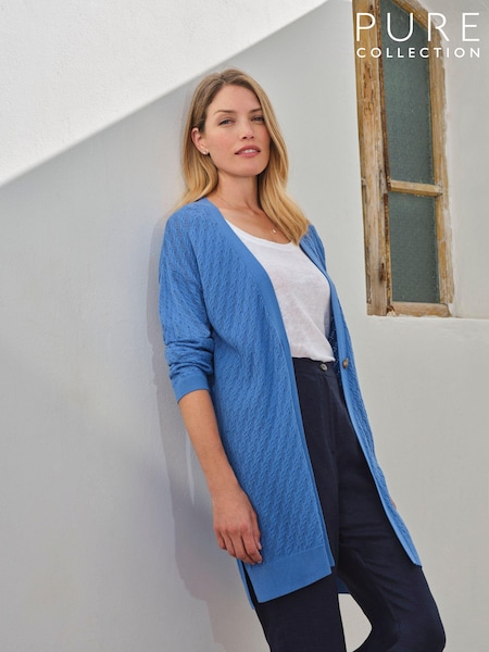 Pure Collection Blue Cotton Long Line Pointelle Cardigan (E50818) | €126