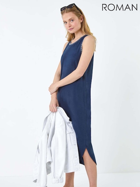 Roman Blue Contrast Stitch Stretch 100% Cotton Jersey Midi Dress (E50834) | AED153