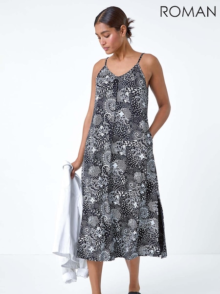 Roman Black Abstract Strappy Swing Stretch Midi Dress (E50846) | 104 QAR
