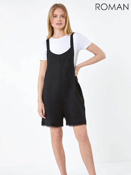 Roman Black Scallop Lace Trim Pocket Cotton/Linen Mix Playsuit (E50856) | €34