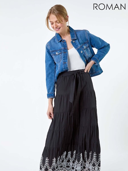 Roman Black 100% Cotton Broderie Tiered Maxi Skirt (E50863) | AED145