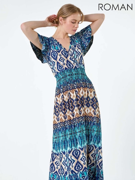 Roman Blue Print Shirred Stretch Maxi Dress (E50878) | €59