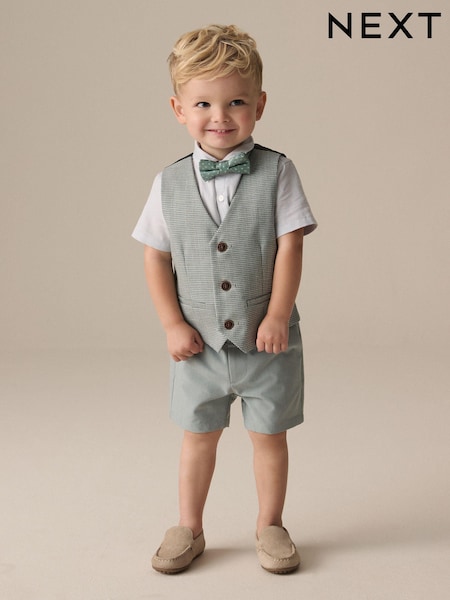 Sage Green Puppytooth - Waistcoat, Shirt, Shorts And Bow Tie Set (3mths-9yrs) (E51027) | ‏151‏₪ - ‏176‏ ₪