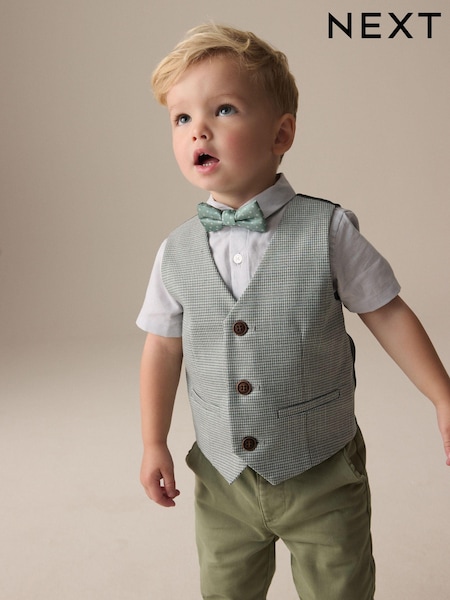 Sage Green Puppytooth Waistcoat, Shirt and Bow Tie Set (3mths-9yrs) (E51028) | €39 - €44