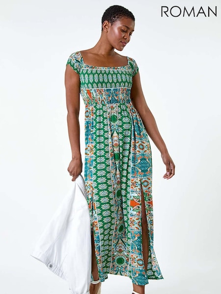 Roman Green Patchwork Shirred Bardot Maxi Dress (E51179) | €56