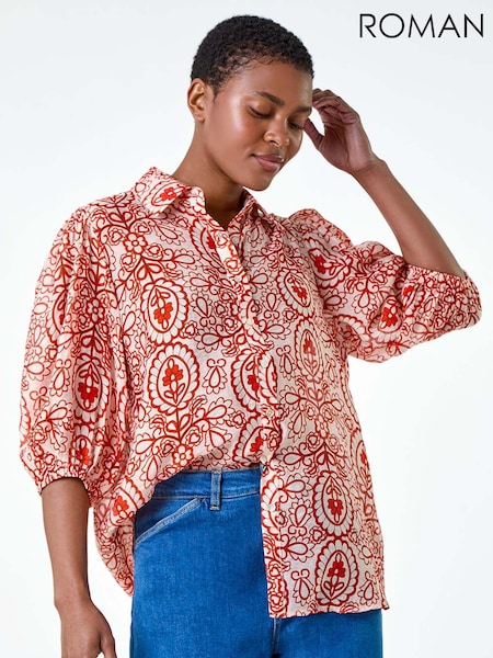 Roman Red Floral Paisley Balloon Sleeve Shirt (E51182) | AED127