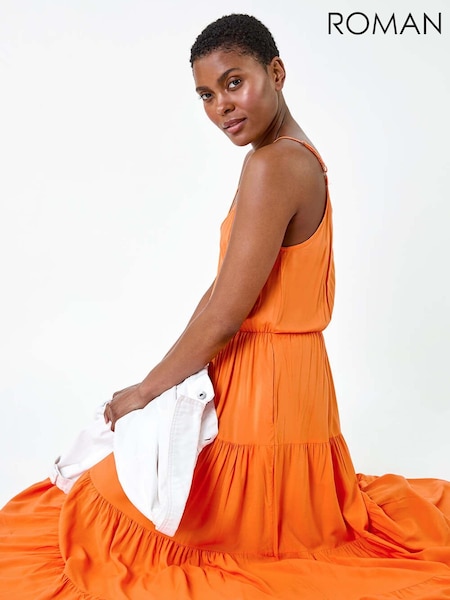 Roman Orange Plain Tiered Midi Dress (E51190) | €26