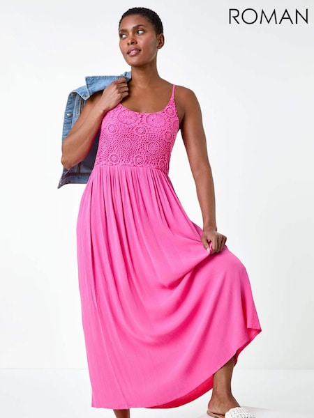 Roman Pink Lace Bodice Shirred Midi Dress (E51191) | 2,523 UAH