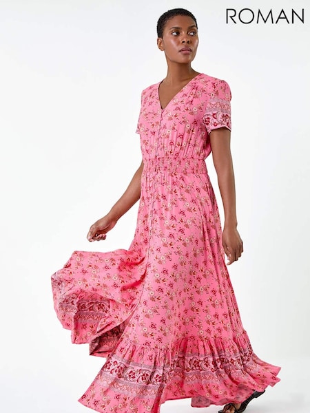 Roman Pink Ditsy Floral Button Detail Maxi Dress (E51192) | €79