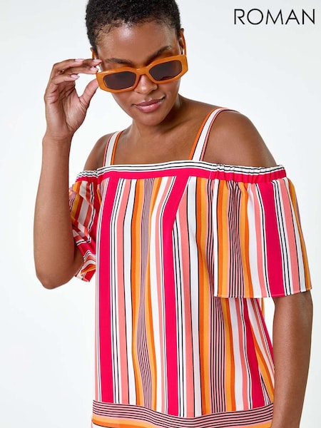 Roman Orange Stripe Print Cold Shoulder Bardot Top (E51201) | ₪201