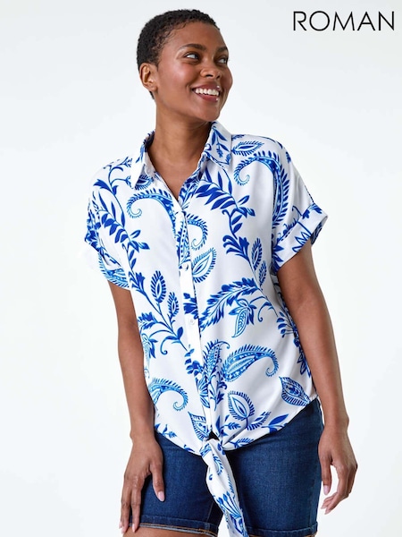 Roman Blue Paisley Leaf Print Tie Front Top (E51202) | AED233