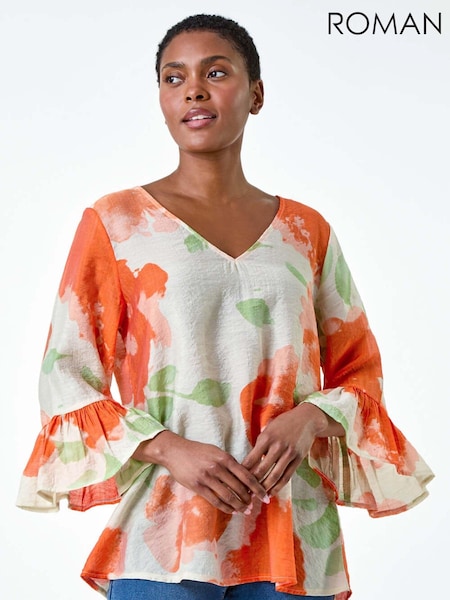 Roman Orange Floral Print Frill Sleeve Top (E51209) | 1,923 UAH
