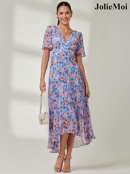 Jolie Moi Pleated Dip Hem Chiffon Maxi Dress (E51263) | 283 LEI
