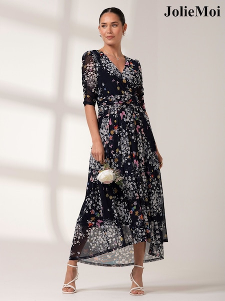 Jolie Moi Mid Blue Dasha Ruched Sleeved Mesh Maxi Dress (E51267) | €58