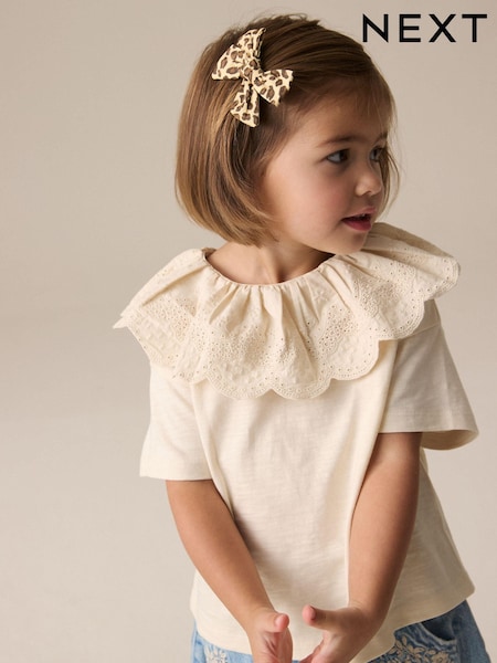 Cream Short Sleeve Broderie Collar 100% Cotton Top (3mths-7yrs) (E51284) | EGP420 - EGP540