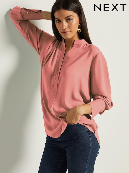 Rose Pink Long Sleeve Overhead V-Neck Relaxed Fit Blouse (E51322) | €13