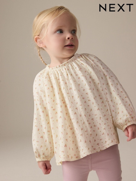 Cream Ditsy Floral Long Sleeve Gathered Neck Blouse (3mths-7yrs) (E51328) | €11 - €14