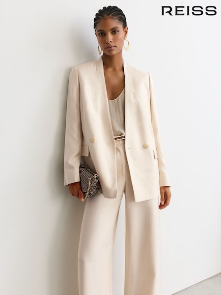 Krem boja - Reiss Juniper Jacquard-stripe Collarless Double-breasted Blazer