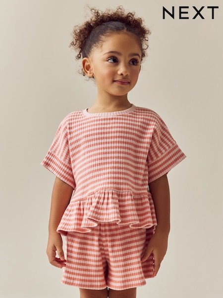 ורוד עם פסים - Short Sleeve Ribbed Top and Shorts Set (3mths-7yrs) (E51367) | ‏46‏₪ - ‏63‏ ₪