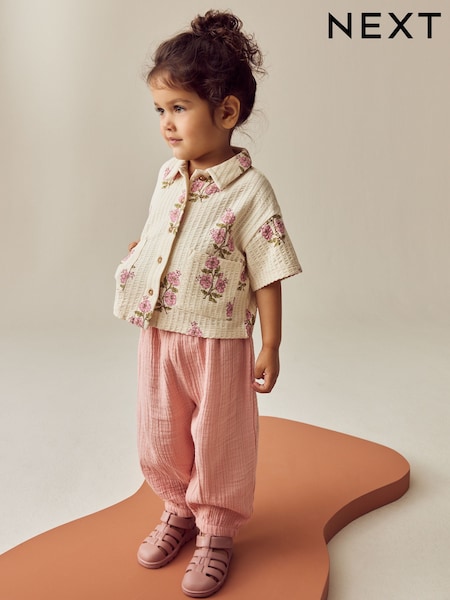 Pink/Cream Flower Short Sleeve Shirt and Trousers Set (3mths-7yrs) (E51370) | €19 - €25