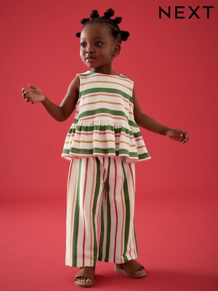 Green/Pink Stripe Peplum 100% Cotton Top and Wide Trousers Set (3mths-7yrs) (E51371) | SGD 26 - SGD 34