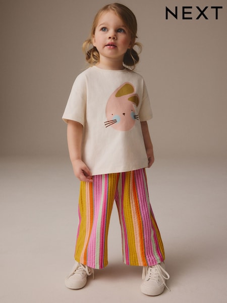 أرنب قوس قزح - Short Sleeve 100% Cotton T-shirt And Wide Trousers Set (3mths-7yrs) (E51375) | ‏5.500 د.ك.‏ - ‏7 د.ك.‏