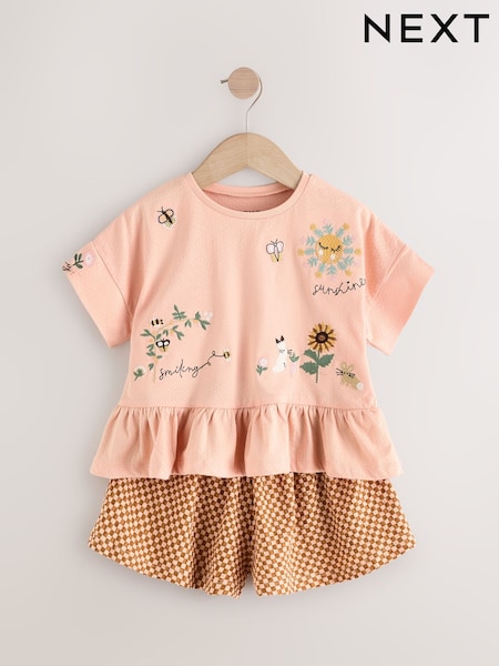 Coral Vaaleanpunainen kukkakirjonta - 100% Cotton Short Sleeve Peplum T-Shirt and Shorts Set (3mths-7yrs) (E51376) | €22 - €28