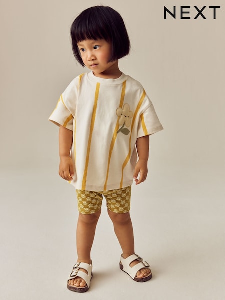 Cream Padded Flower Short Sleeve T-Shirt and Cycle Shorts Set (3mths-7yrs) (E51377) | 371 UAH - 535 UAH