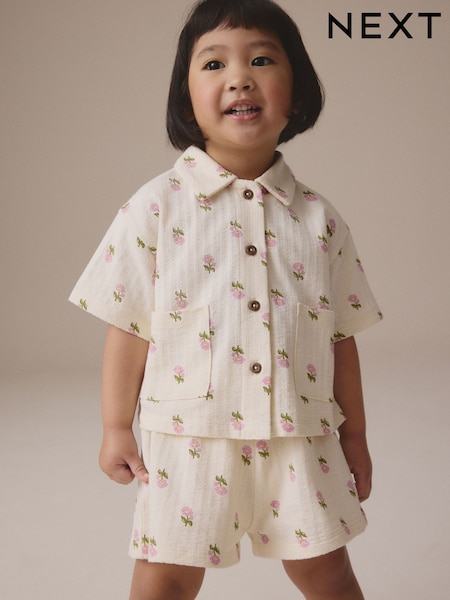 Pink/Cream Flower 100% Cotton Short Sleve Shirt and Shorts Set (3mths-7yrs) (E51381) | €15 - €21