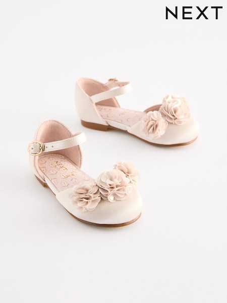 Ivory Satin Flower Girl Ankle Strap Corsage Occasion Shoes (E51392) | €29 - €32