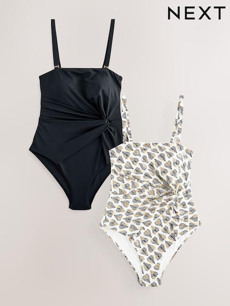 Schwarz/Ecru mit Fächer-Print - Twist Tummy Control Bandeau Swimsuit 2 Pack (E51423) | 96 €