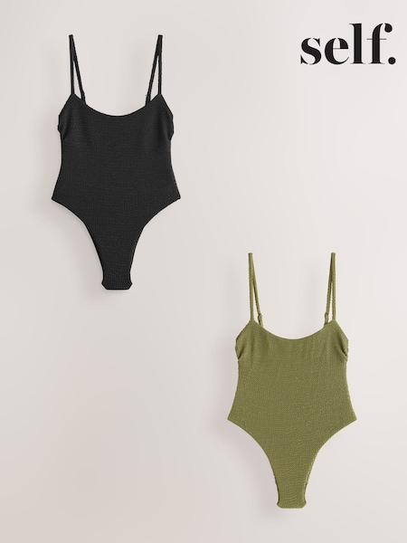 self. Black/Green Crinkle High Leg Scoop Tummy Control Swimsuit 2 Pack (E51428) | €67