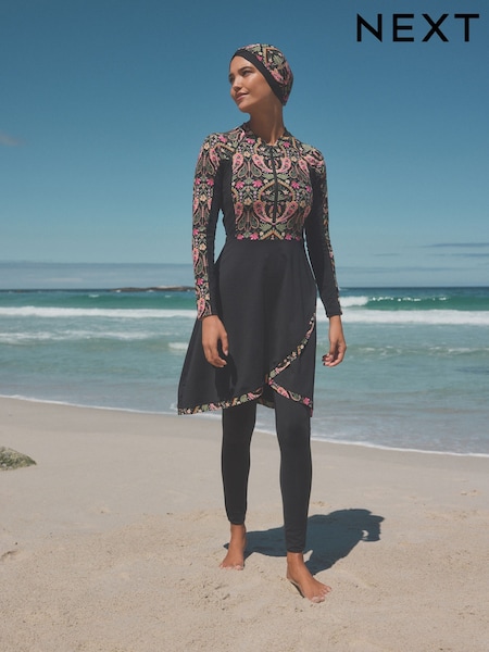 Musta/Vaaleanpunainen Paisley-kuvio - Long Sleeve Modesty Burkini Shaping Swimsuit (E51431) | €81