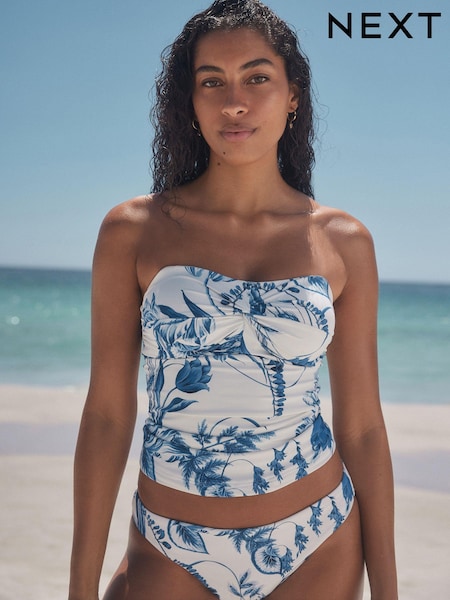 화이트/블루 플로럴 - Wide Strap Tummy Control Bandeau Tankini Top (E51475) | KRW68,300